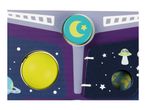 A space-themed activity board with a yellow ball, a moon and star button, and a small Earth cutout.