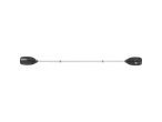 A black and white kayak paddle with two blades and a silver shaft.