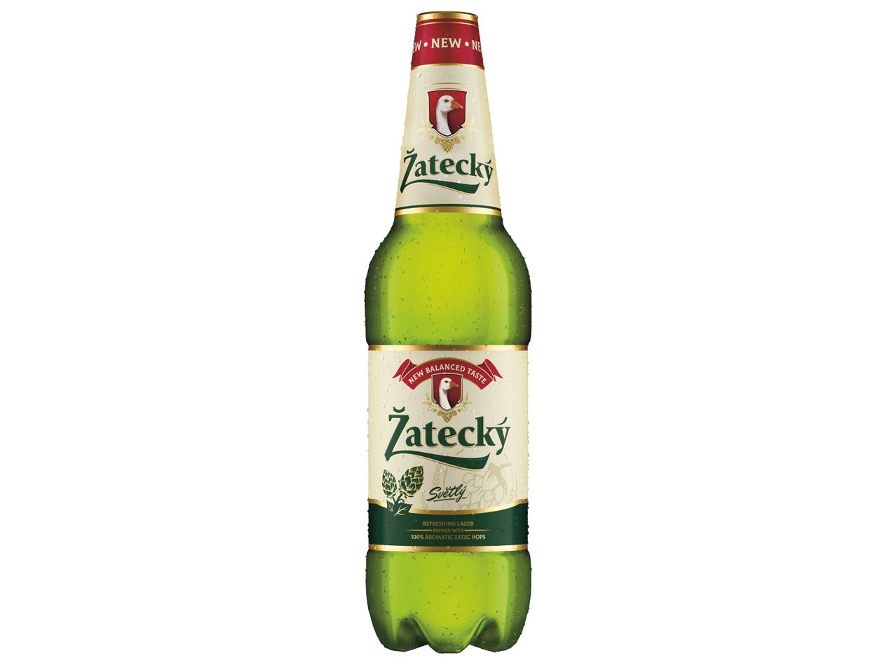 Зелена бутилка бира с етикет „Žatecký“, „NEW BALANCED TASTE“ и „100% AROMATIC ZATEC HOPS“.