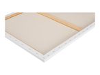 Back view of a stretched canvas on a wooden frame, showing the staples and stretcher bars.