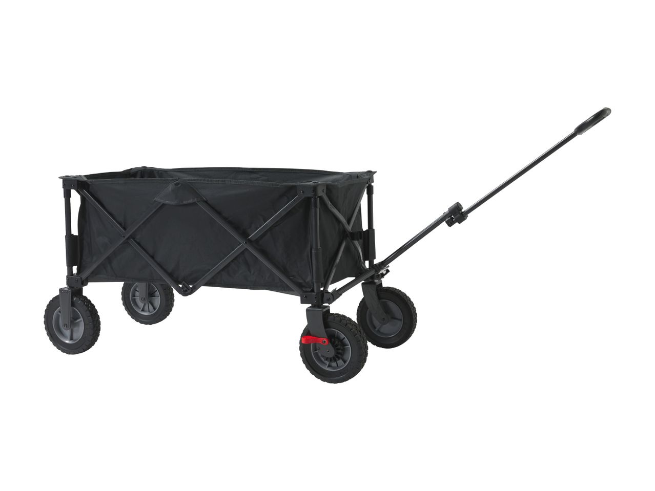 Black foldable utility wagon with a long handle and four wheels.
