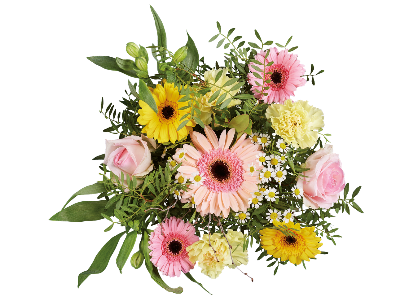 En bukett med rosa och gula gerbera, rosa rosor, gula nejlikor och prästkragar.