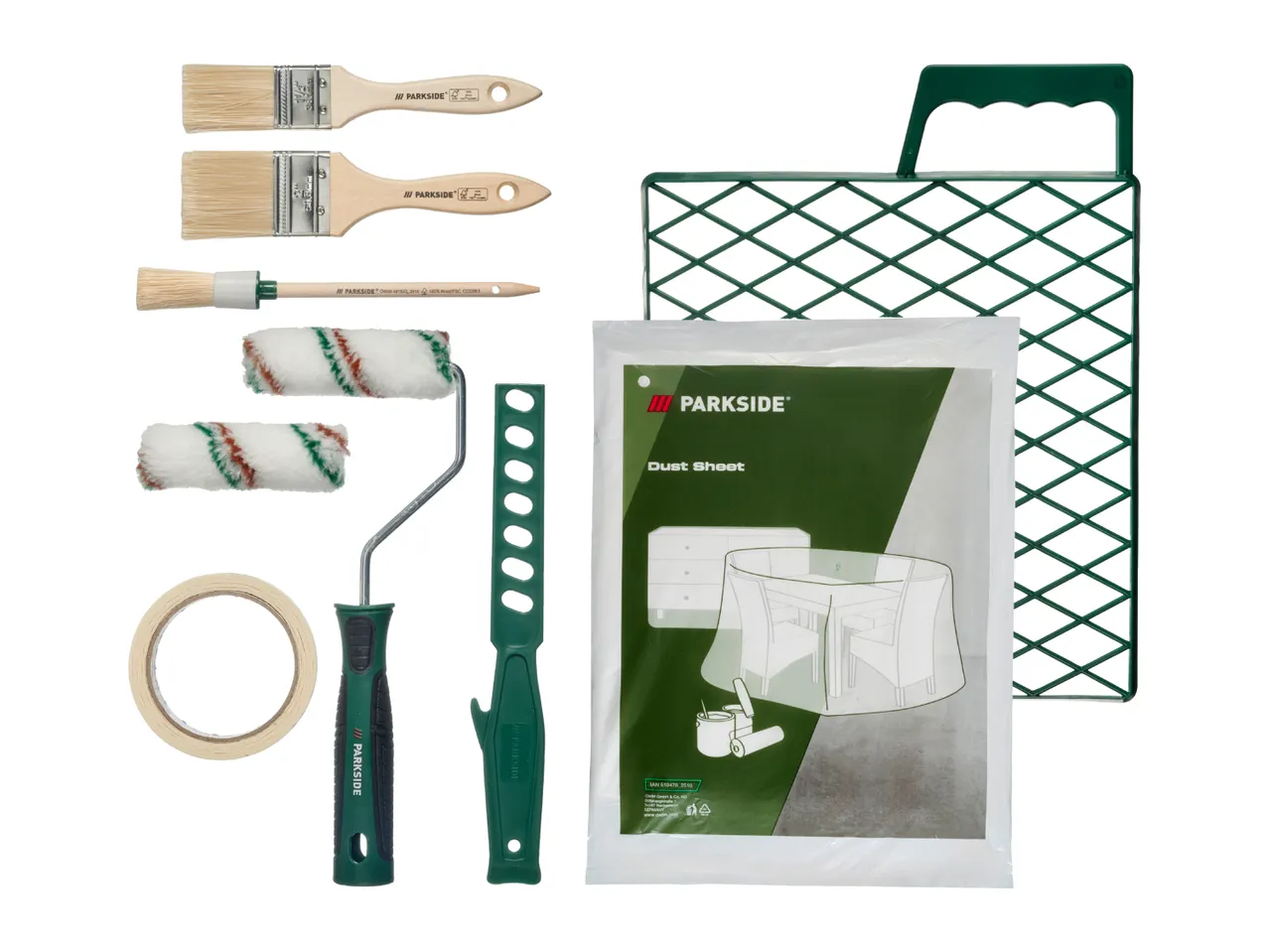 A painting kit including brushes, rollers, masking tape, a dust sheet, and a paint grid.