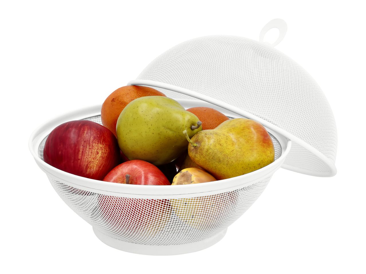 White mesh fruit bowl with a lid, filled with apples, pears, and oranges.