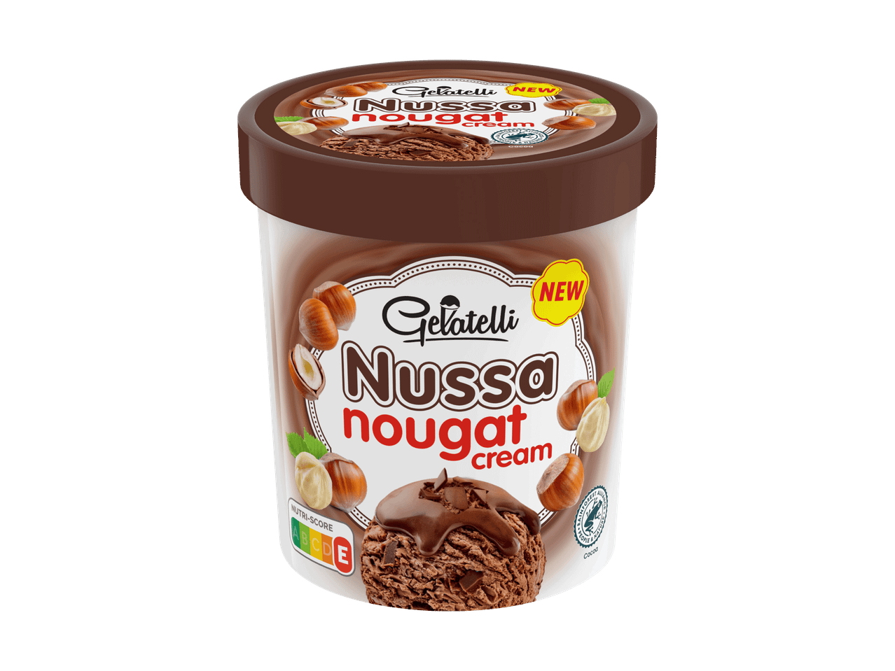 Gelatelli Nussa Nougat Cream Eiscremebecher mit Haselnüssen und Schokoladensauce.