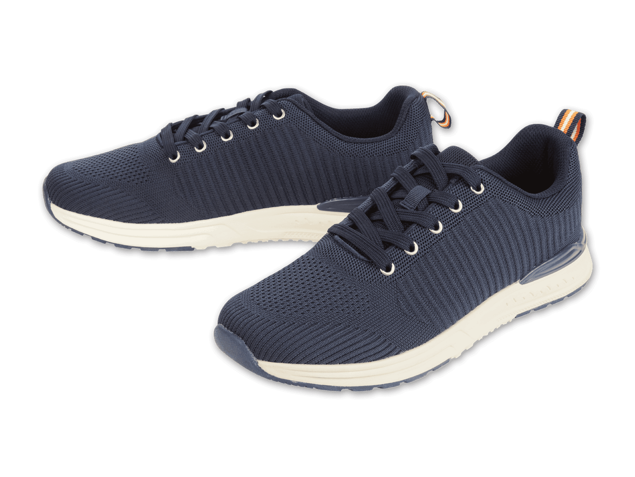 Ein Paar dunkelblaue Strick-Sneaker mit weißen Sohlen.