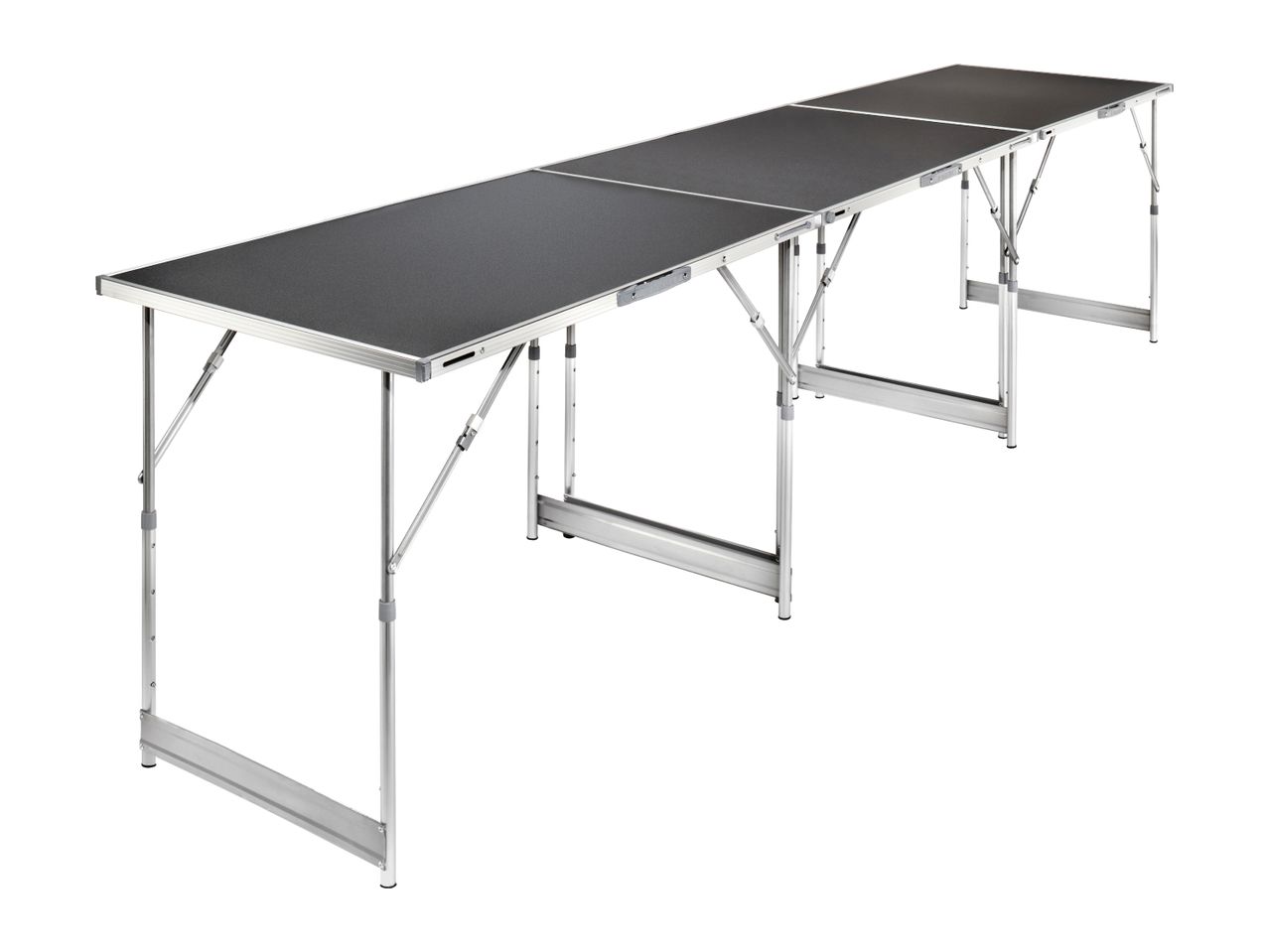 Long, foldable camping table with a dark grey surface and silver aluminum frame.