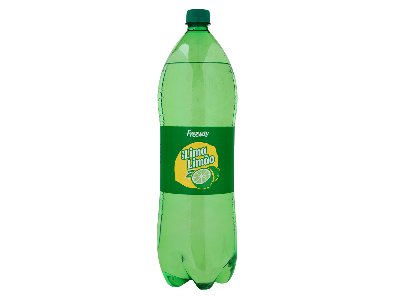 Garrafa de refrigerante de lima-limão com rótulo verde e amarelo.