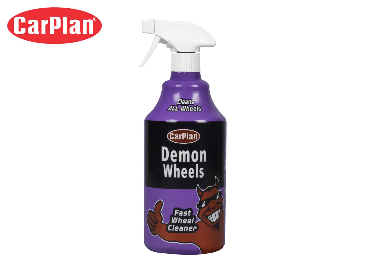 Purple spray bottle of wheel cleaner with a devil character giving a thumbs up.