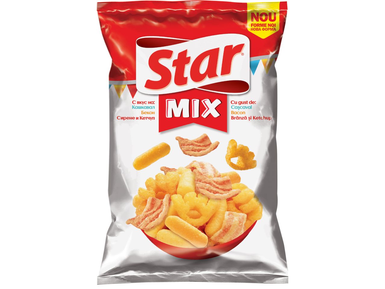Пакетче Star Mix снексове с кашкавал, бекон, сирене и кетчуп.