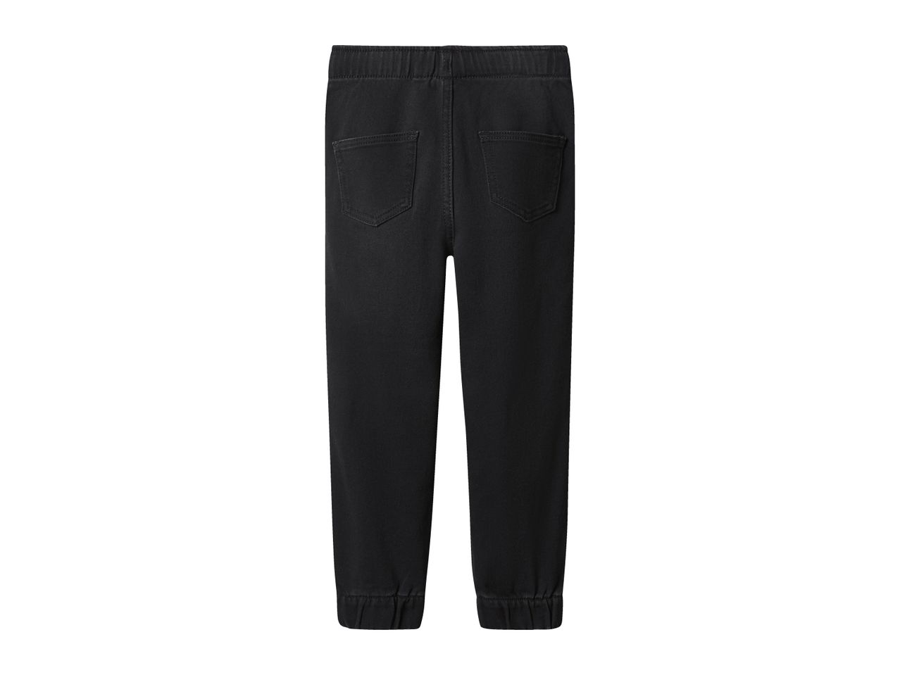 Black denim joggers with elastic waistband and cuffs.