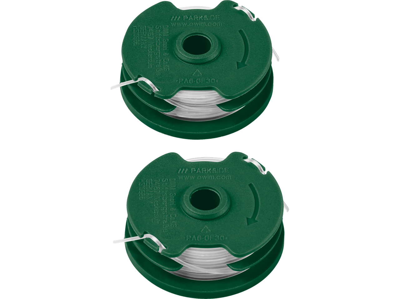 Două bobine verzi de fir pentru trimmer cu sfoară albă, afișând detalii despre produs.