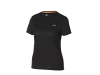 Черна дамска спортна тениска с къс ръкав и оранжева лента на врата.