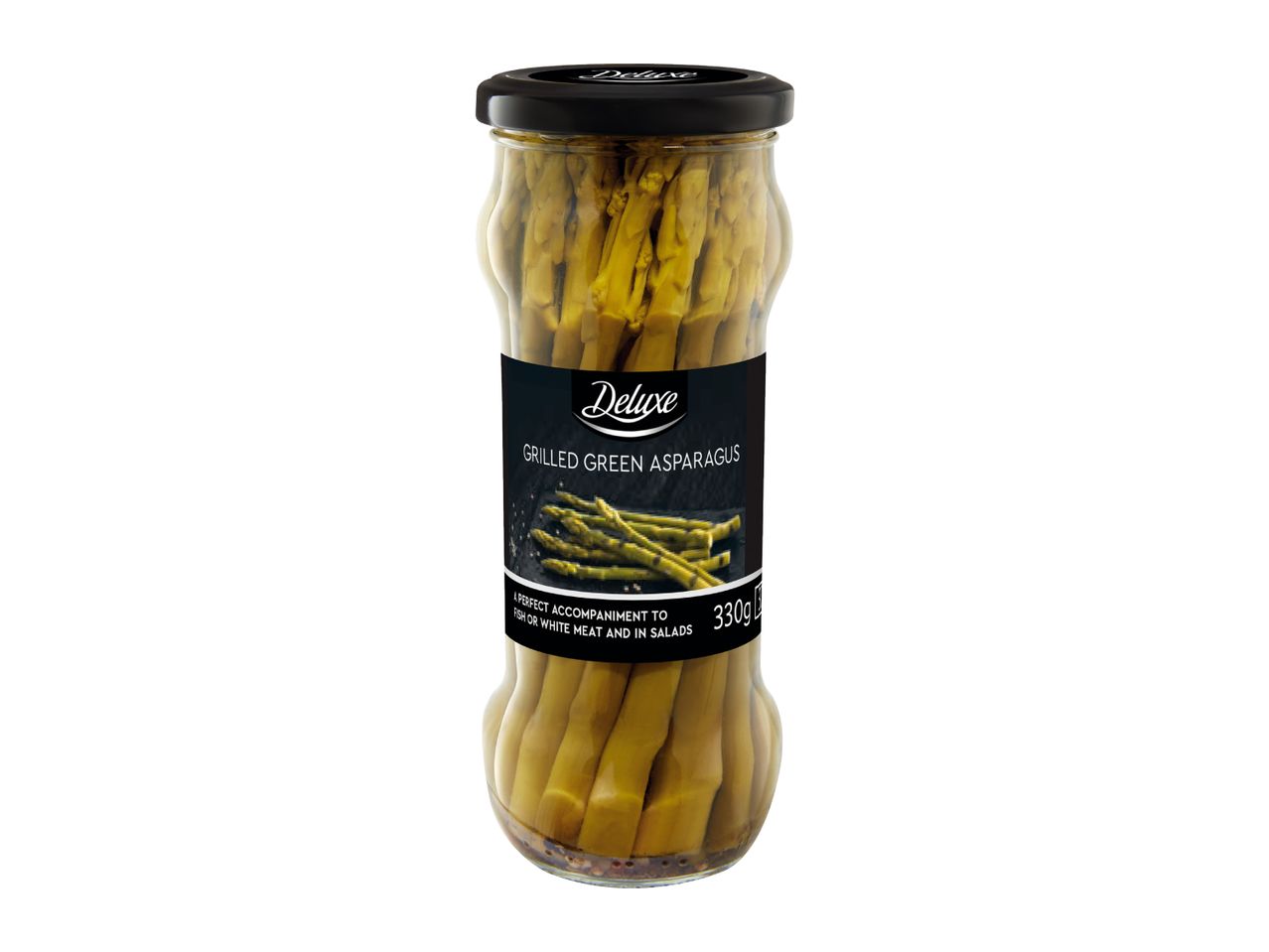 A jar of grilled green asparagus with a black label, stating 'A perfect accompaniment to fish or white meat and in salads' and '330g'.