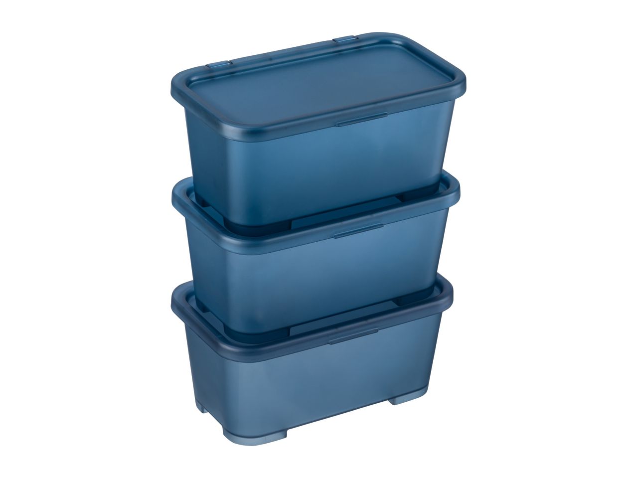 Three stackable blue plastic storage containers.