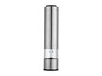 Stainless steel electric salt and pepper grinder with a clear viewing window.