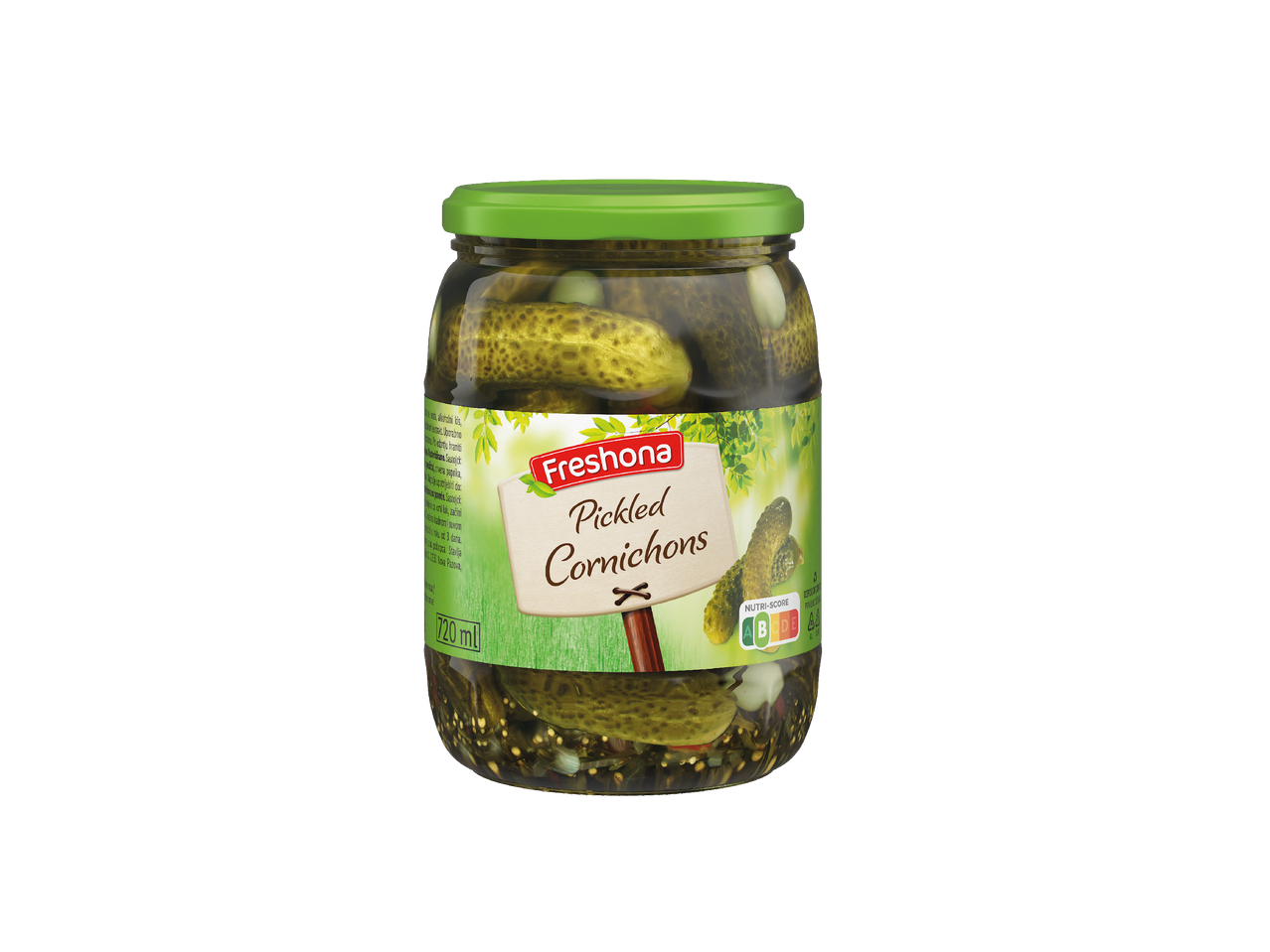 Staklenka Freshona kiselih kornišona s Nutri-Score oznakom.