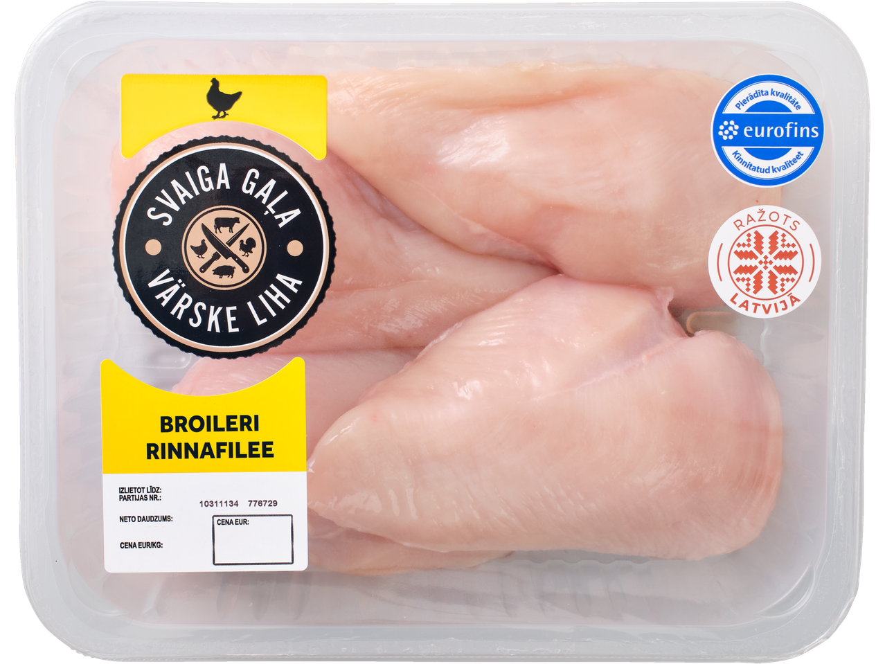 Broileri rinnafilee läbipaistvas pakendis koos etikettidega