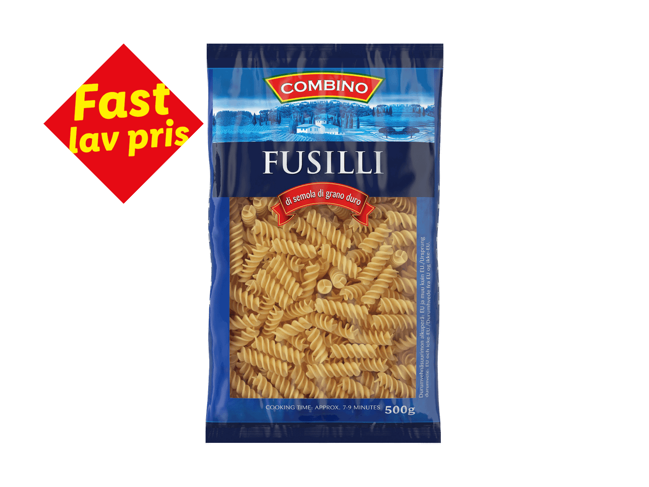 En pakke fusilli pasta med teksten 'Fast lav pris' i øverste venstre hjørne.