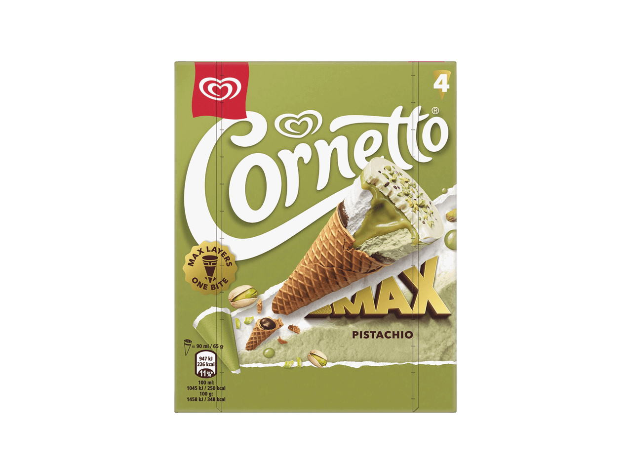 Caixa de gelados de cone de pistácio, com a imagem de um gelado de cone com cobertura de pistácio.