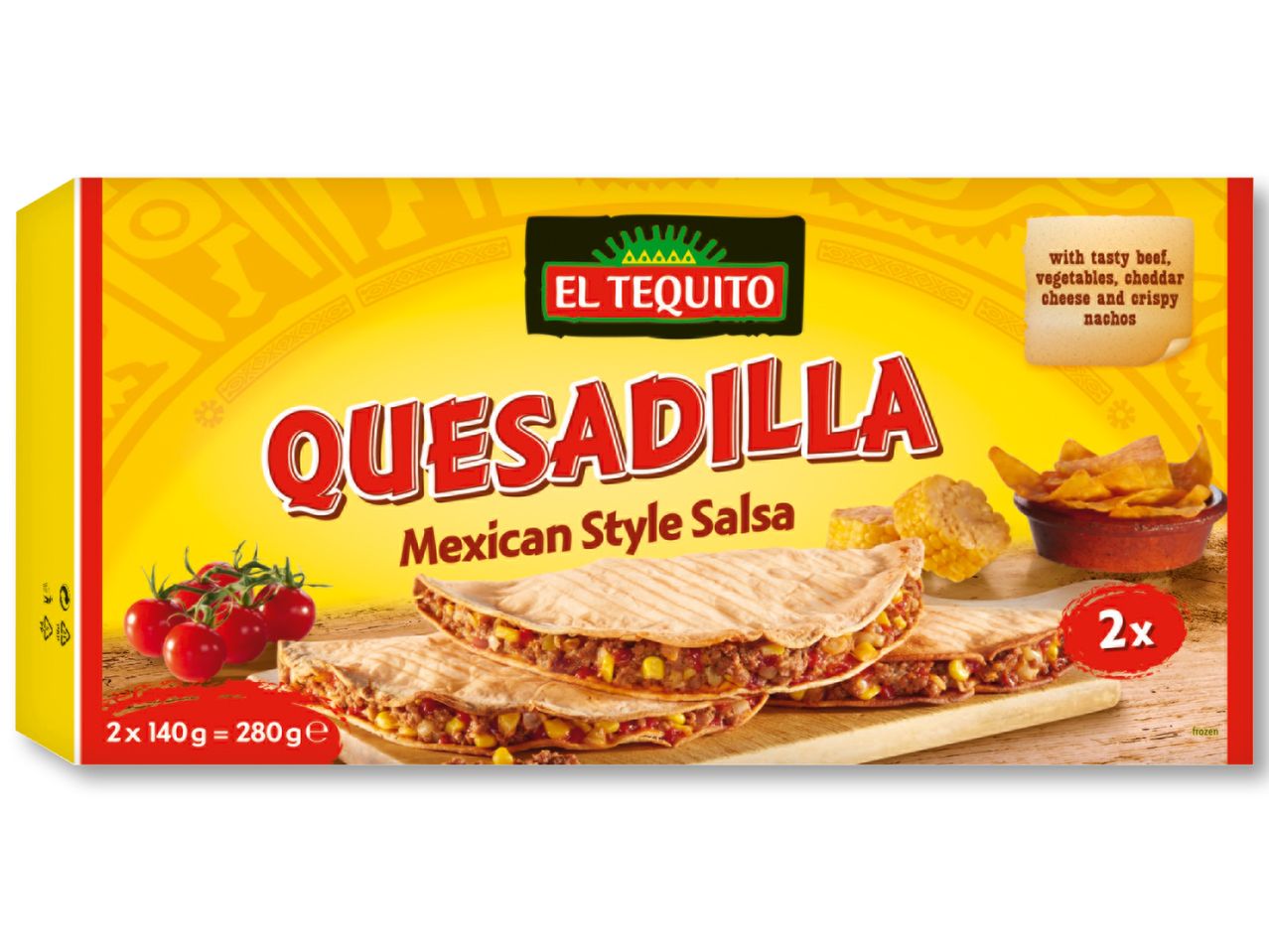 Кутия замразена кесадия El Tequito с мексикански сос, говеждо месо, зеленчуци, сирене чедър и начос.