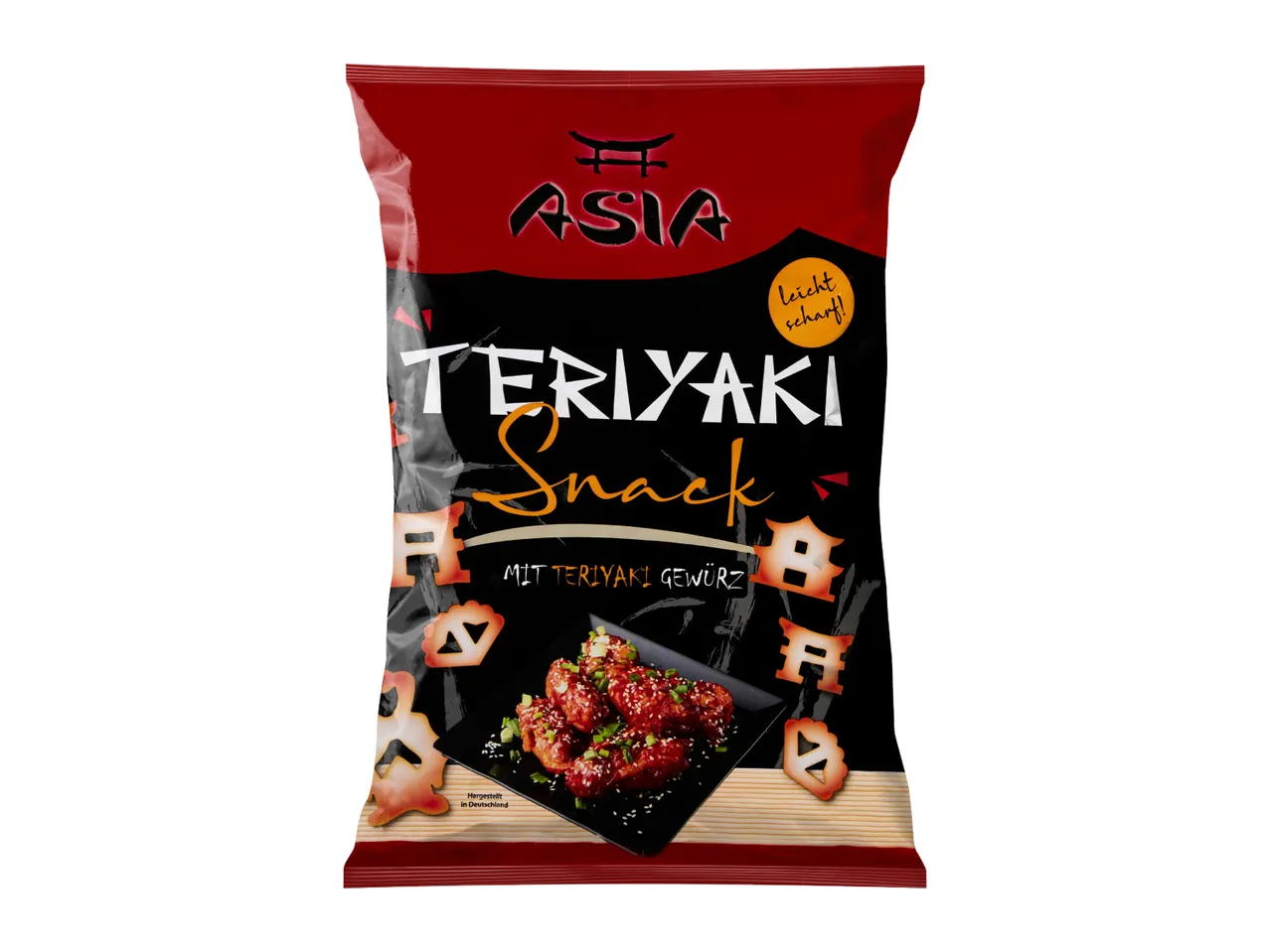Red and black snack bag with teriyaki chicken and snack pieces, labeled 'Teriyaki Snack'.