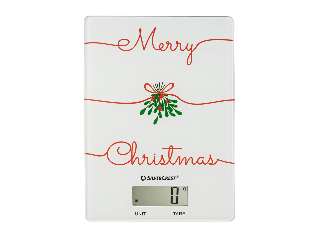 Silvercrest® digitālie virtuves svari ar uzrakstu „Merry Christmas” un āmuļiem.