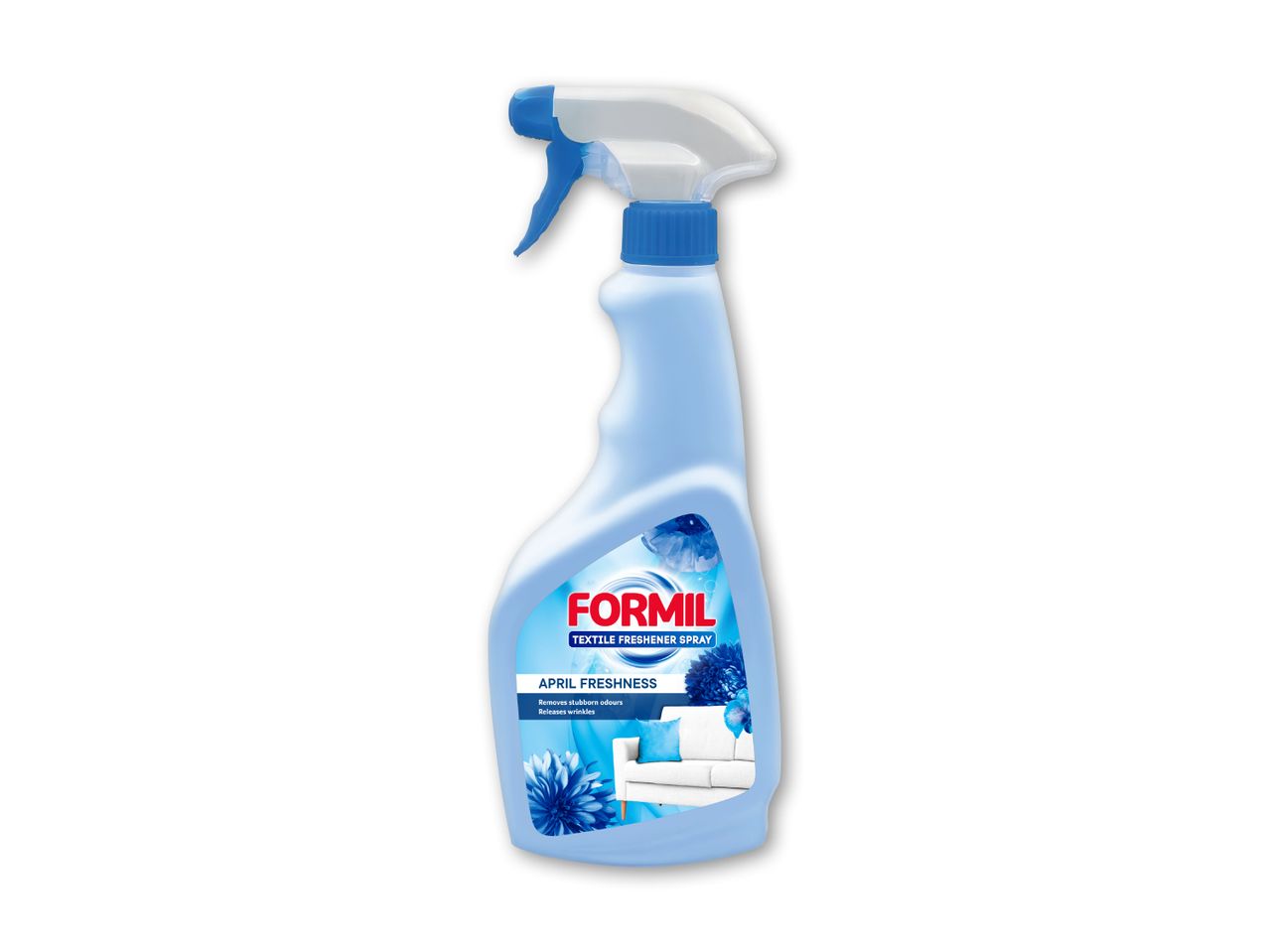 Blå tekstilopfriskerspray med 'April Freshness' og blomstermotiver.
