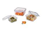 Three glass food storage containers with various foods, including olives, pasta salad, and bell peppers.