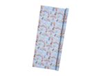 A roll of pastel-colored wrapping paper featuring cute animals on balloons above rainbows.