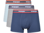 Three pairs of men's Wrangler boxer briefs in light blue, grey, and blue.