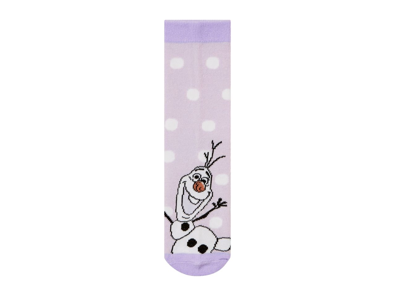 Purple polka dot socks featuring Olaf from Disney's Frozen.