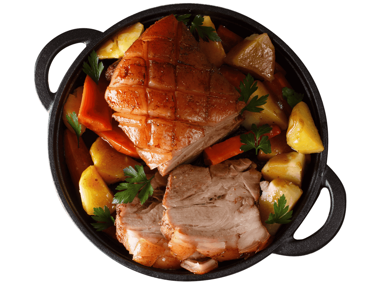 Gebratenes Schweinefleisch mit Kartoffeln und Karotten in einem Topf.