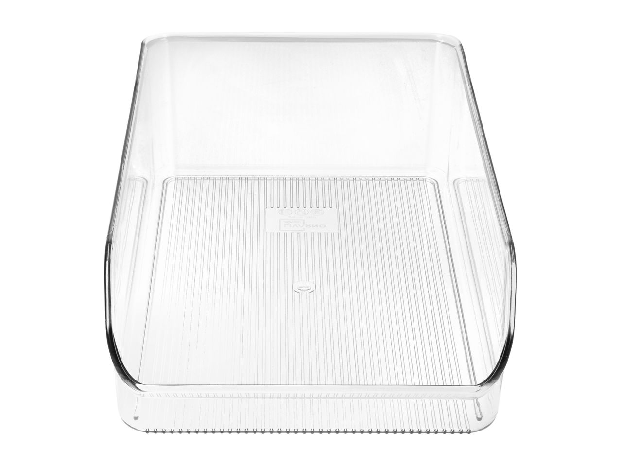 Clear rectangular storage container with ribbed bottom, viewed from above.