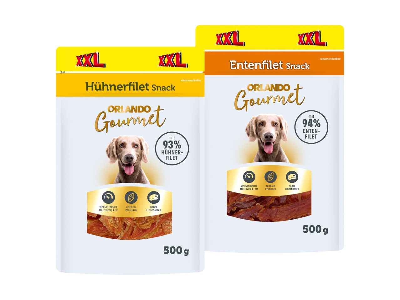 Zwei Orlando Gourmet XXL-Snacks: Hühner- und Entenfilet, jeweils 500g.