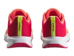 Pair of red and orange athletic shoes with lime green accents, rear view.