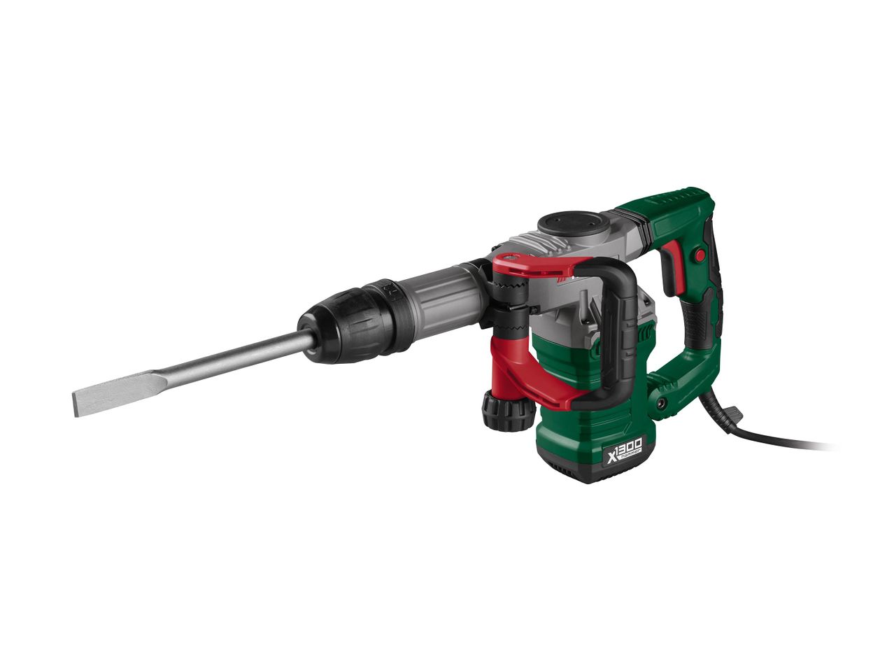 Egy zöld és piros színű, X1300 Hammer márkájú elektromos bontókalapács látható.