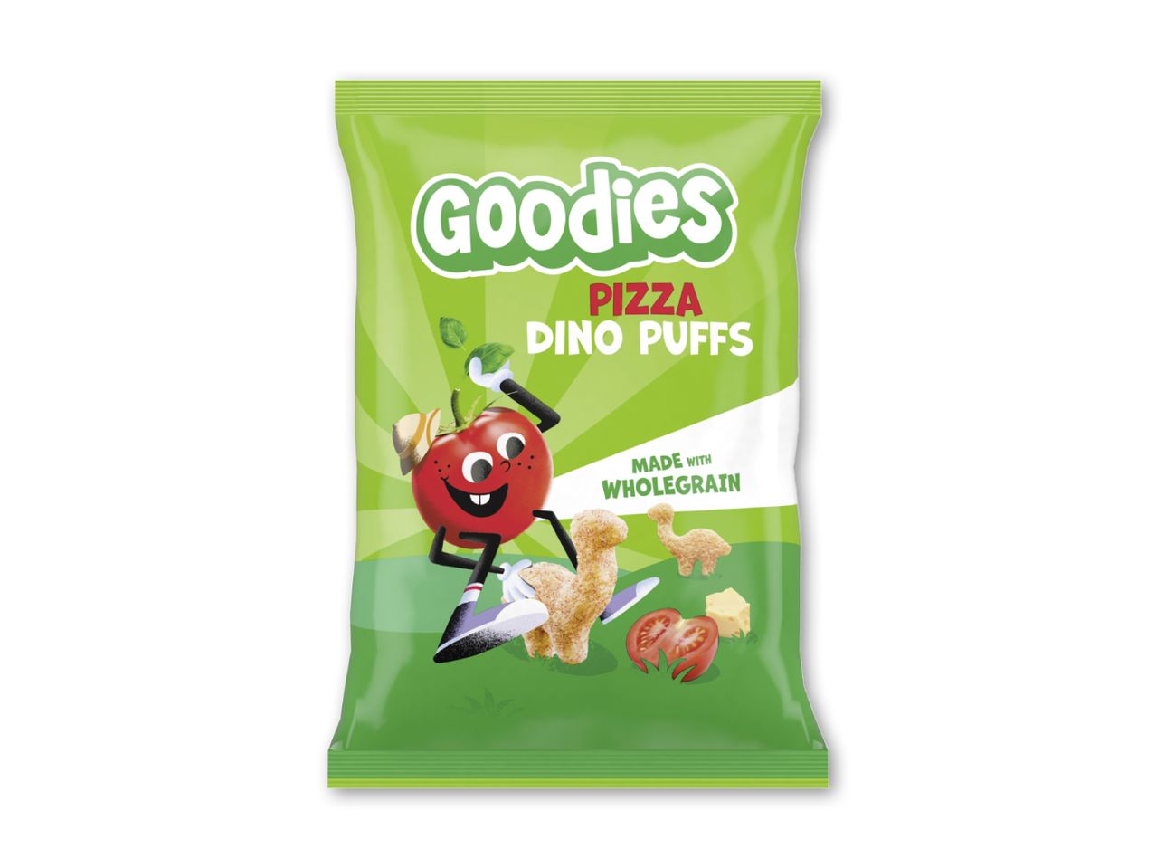 Grøn pose med pizza-dino-puffs, en tegneserietomat og teksten 'MADE WITH WHOLEGRAIN'.
