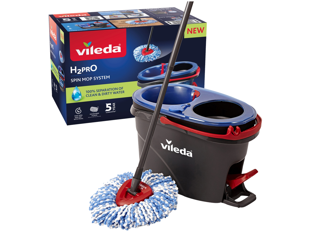 VILEDA H2PrO Spin Mop Box felmosószett su kibiru ir šluota, užtikrinantis 100% švaraus ir nešvaraus vandens atskyrimą.
