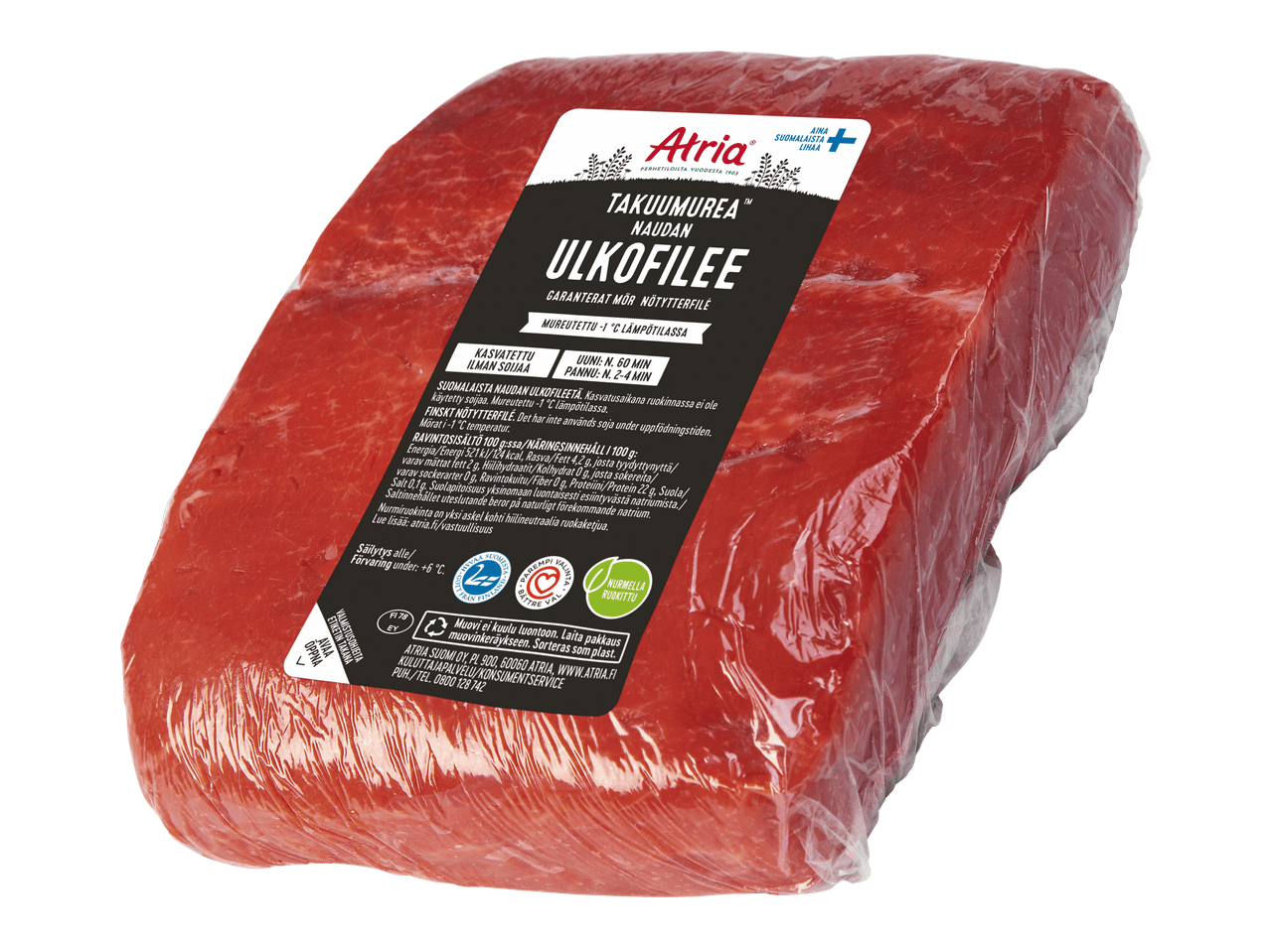 Atria Takuumurea naudan ulkofilee pakkauksessa, jossa on tietoa tuotteesta ja valmistusohjeista.