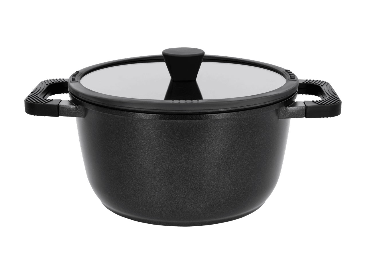 Sort gryde med glaslåg og sorte håndtag