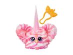Pink and white striped Furby toy with large eyes and a yellow hair clip.