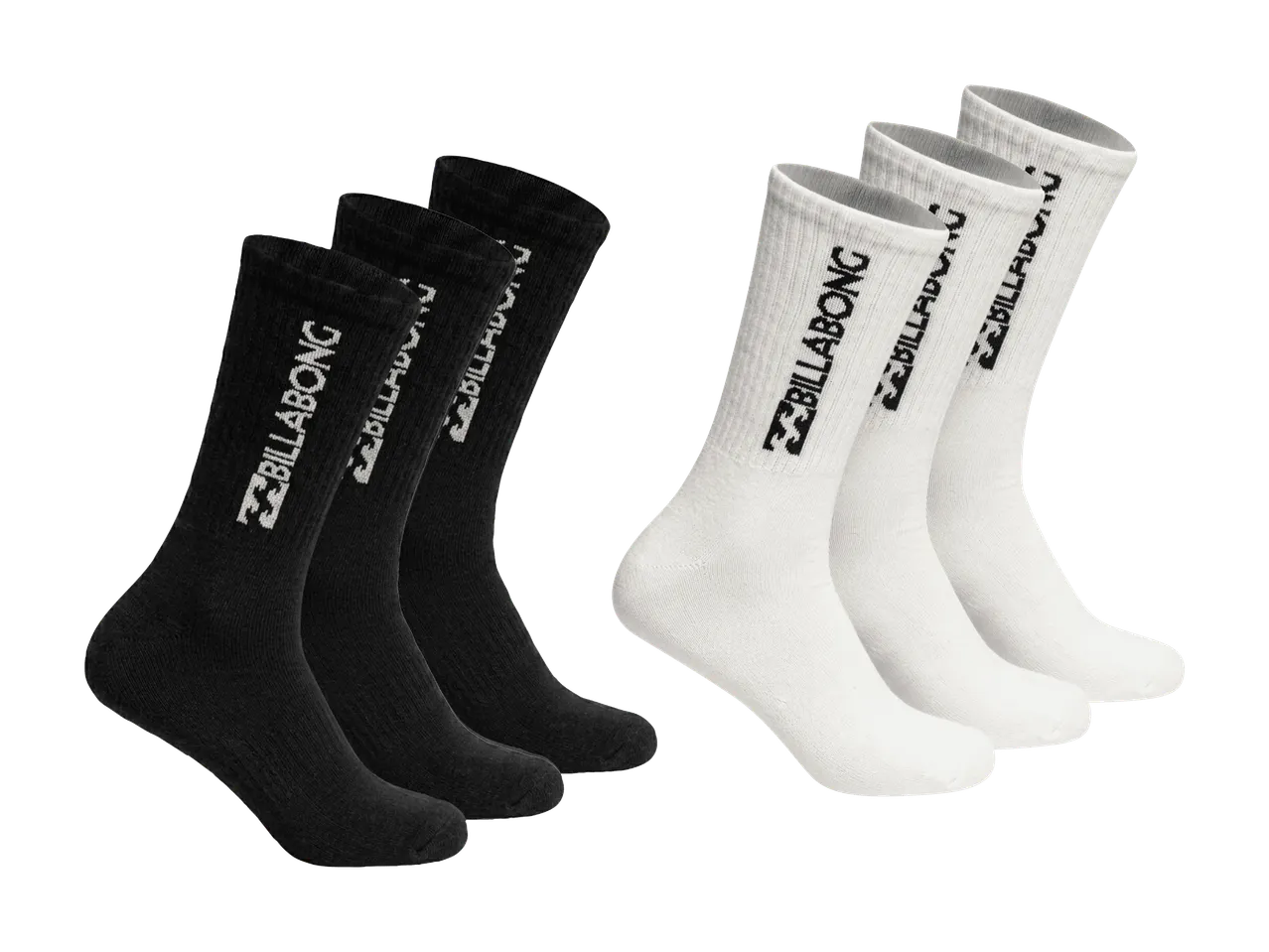 Sechs Paar Sportsocken, drei schwarze und drei weiße, mit einem Logo an der Seite.