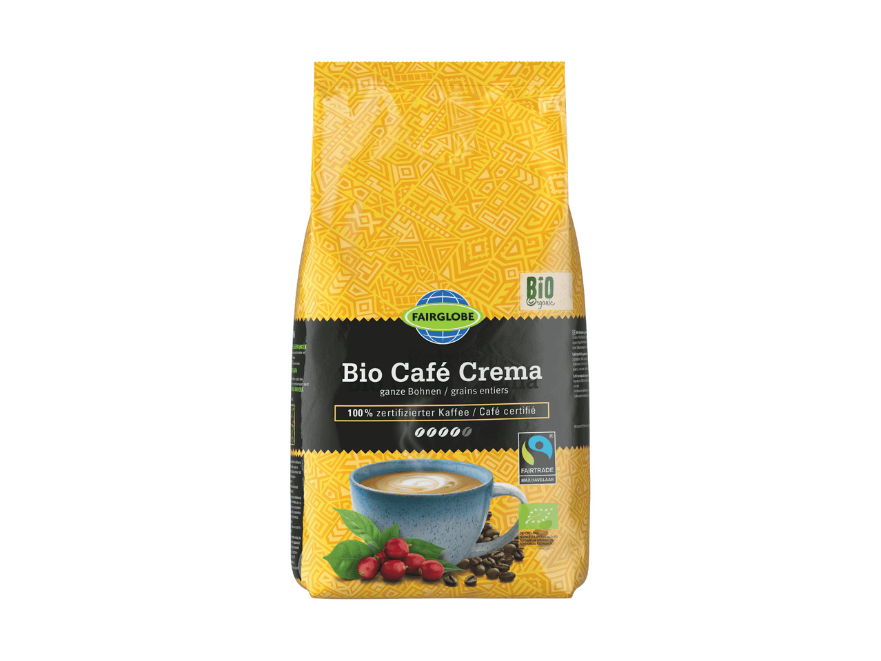 Packung Bio-Kaffee ganze Bohnen mit Fairtrade-Zertifizierung.