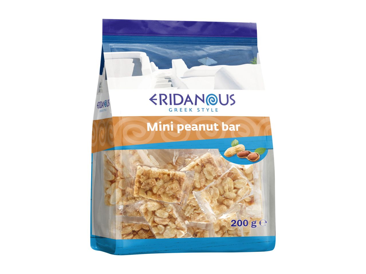 Eridanus Greek Style Mini Peanut Bar, 200g bag of individually wrapped peanut bars.