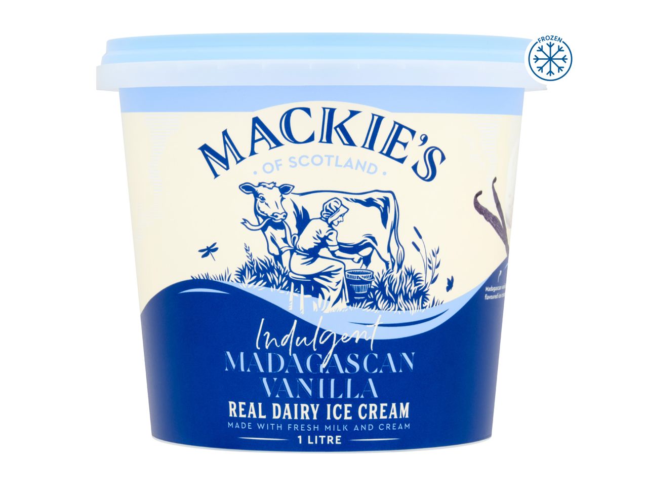 A tub of Madagascan vanilla real dairy ice cream with a milking scene illustration.