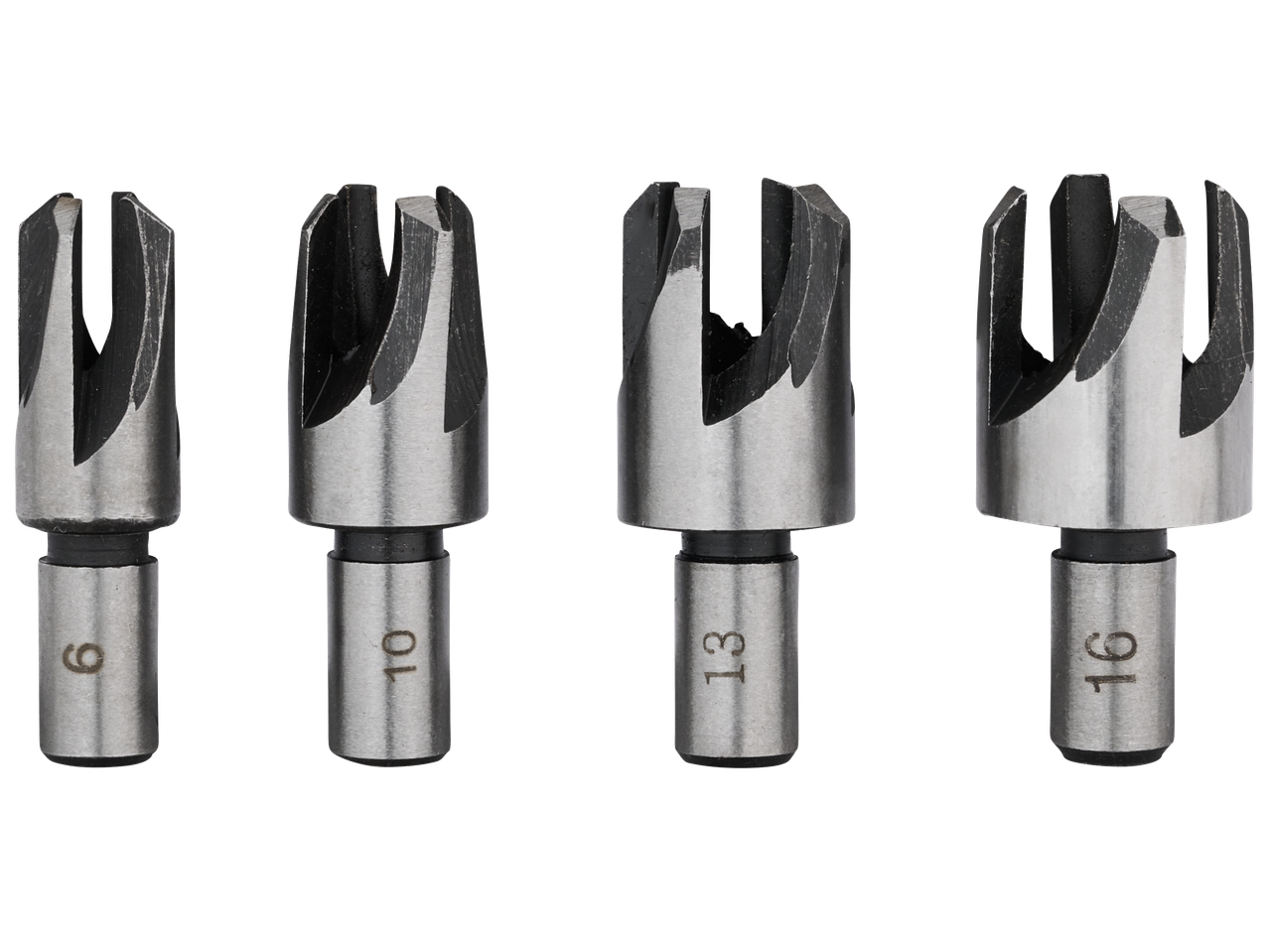 Комплект от четири свредла за дърво с размери 6, 10, 13 и 16 мм.