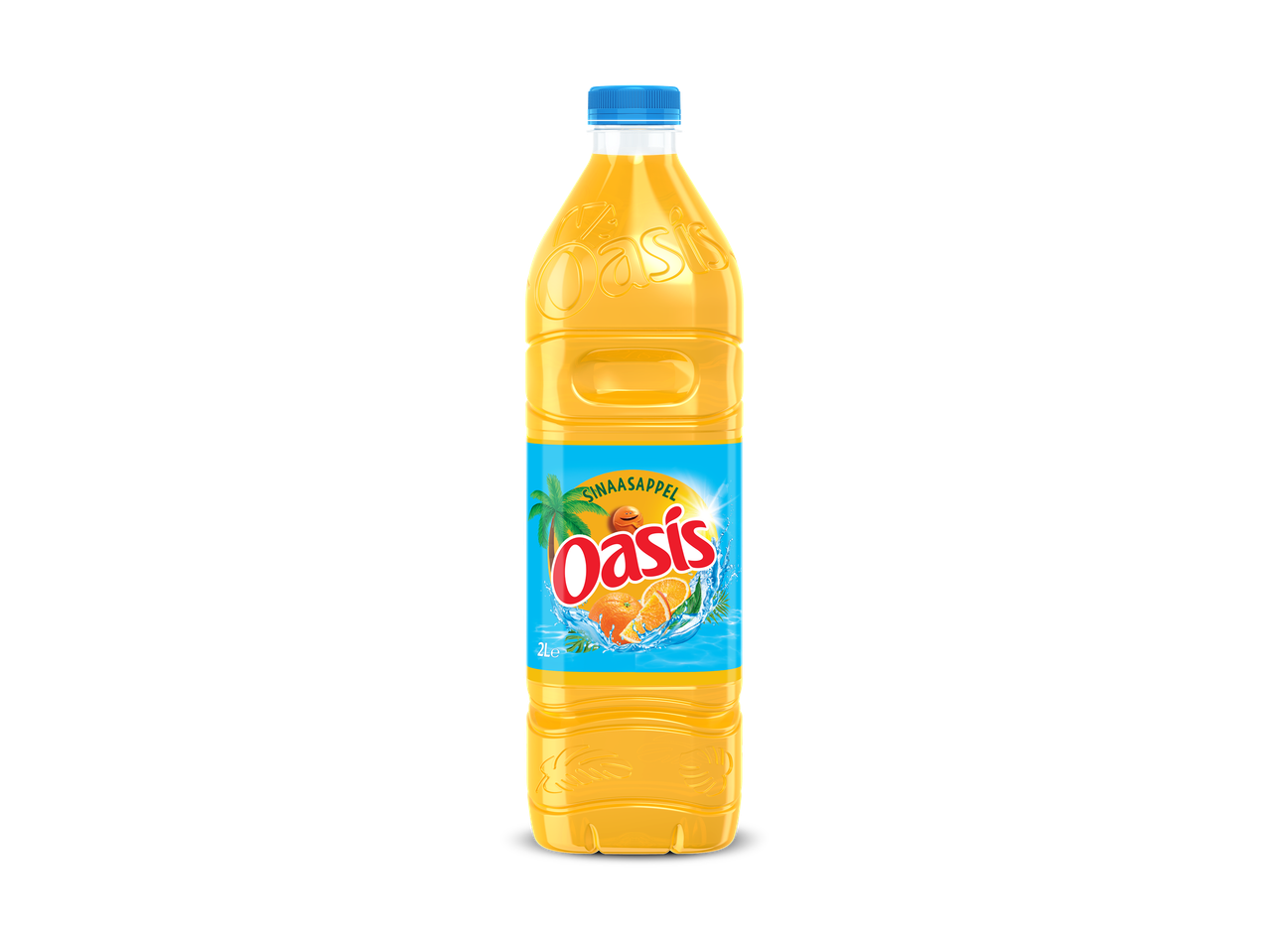 Oranje frisdrankfles met blauwe dop en een etiket met sinaasappels en een palmboom.