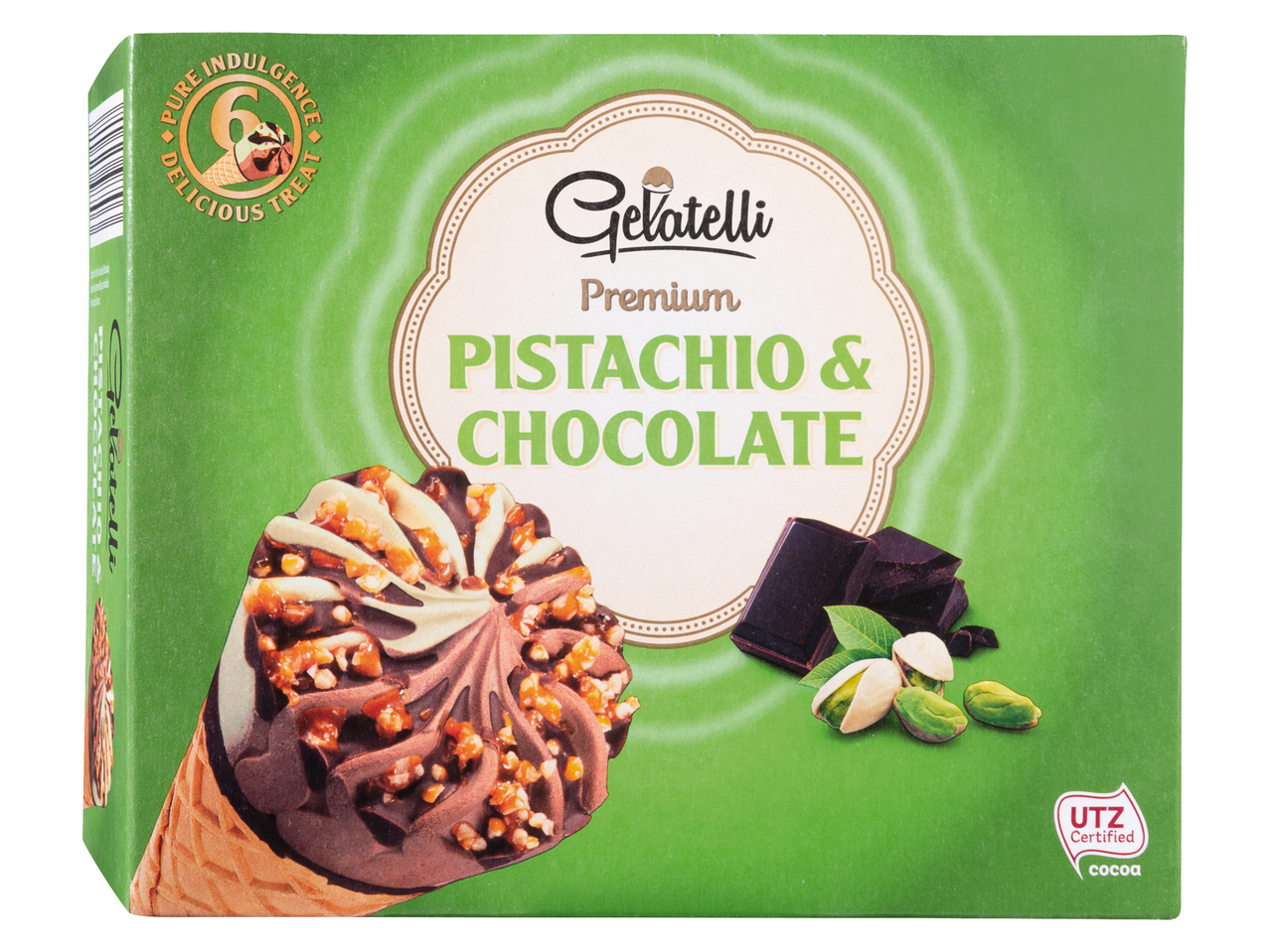 Gelatelli Premium pisztácia és csokoládé fagylalt.