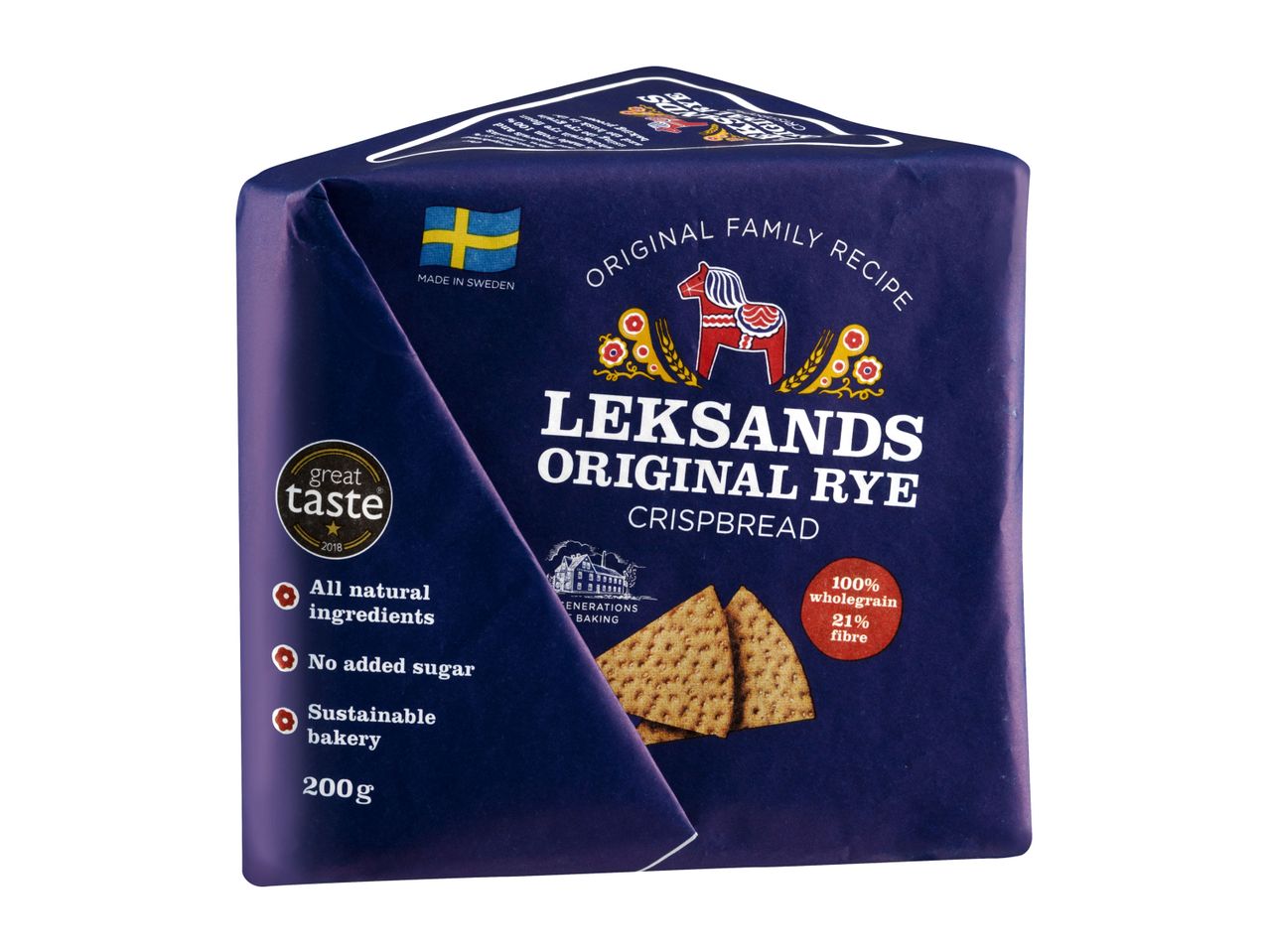 Leksands Original Rye Crispbread packaging, highlighting its natural ingredients and whole grain content.